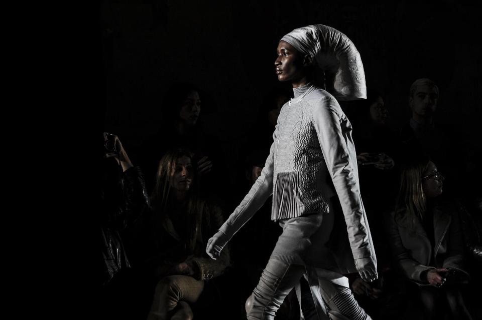 A model wears a creation for Rick Owens's ready-to-wear fall/winter 2014-2015 fashion collection presented in Paris, Thursday, Feb.27, 2014. (AP Photo/Zacharie Scheurer)