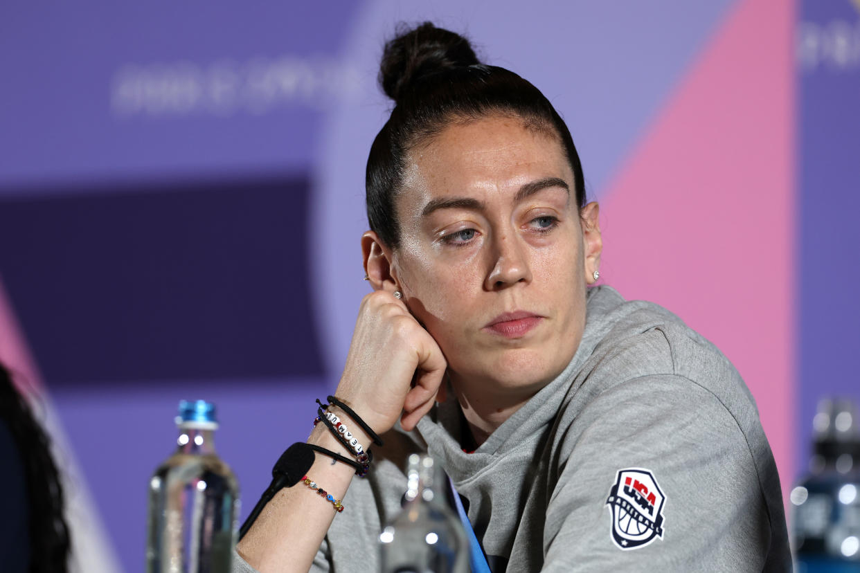 PARIS, FRANCE - JULY 27: Breanna Stewart of Team United States speaks during a Team USA Women's 5x5 Basketball press conference on day one of the Olympic Games Paris 2024 at the Main Press Centre on July 27, 2024 in Paris, France. (Photo by Mike Lawrie/Getty Images)