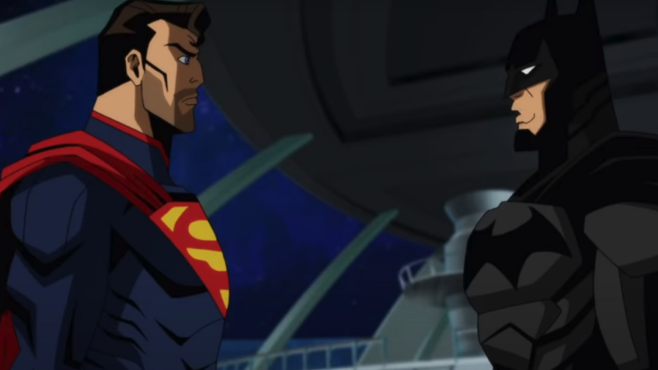 Superman and Batman in the Injustice trailer for the animated film.