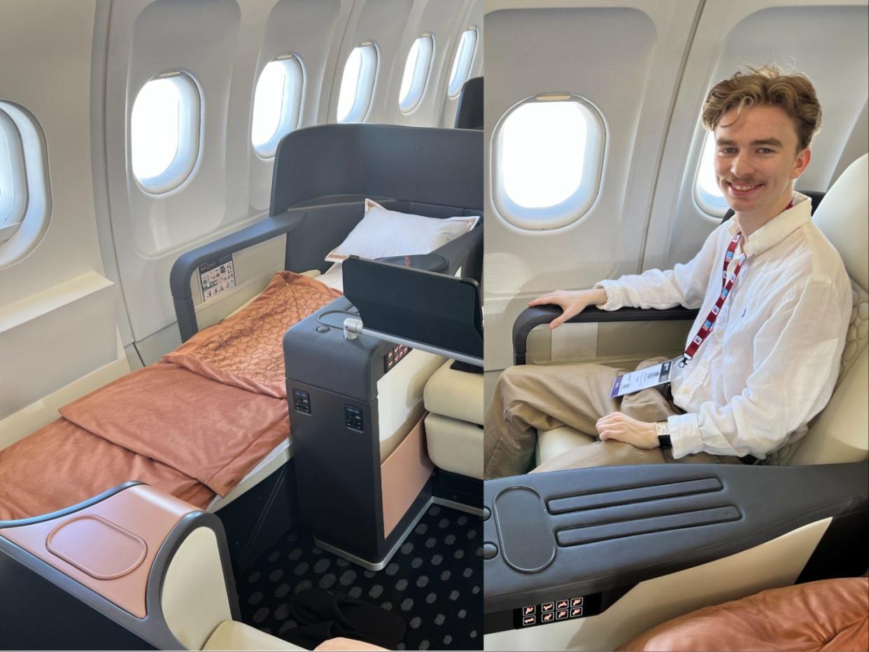 A collage of a lie-flat bed onboard Beond A319, and Business Insider's Pete Syme sat in one of the seats.