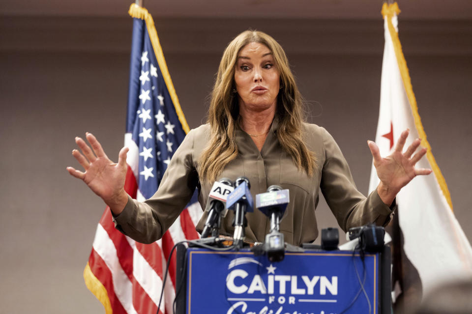 FILE — In this July 9, 2021,file photo Caitlyn Jenner, a Republican candidate for California governor, speaks during a news conference in Sacramento, Calif. Jenner has described herself as a fiscal conservative who is liberal on social issues. But she’s proven gaffe-prone in interviews. (AP Photo/Noah Berger,File)