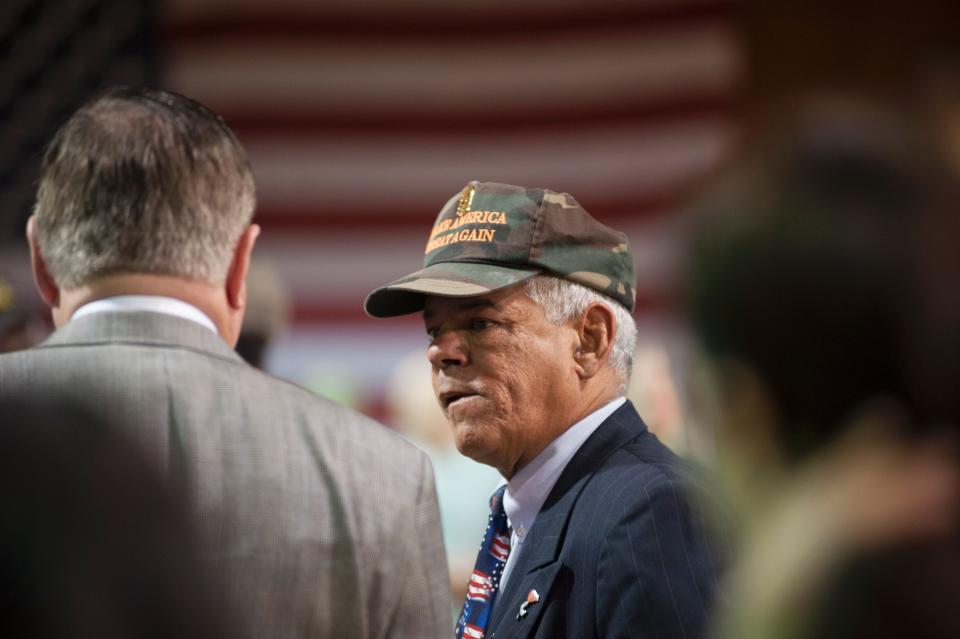 New Hampshire state Rep. Al Baldasaro talks to supporters of Republican presidential nominee Donald Trump before he speaks during a campaign rally, Oct. 28, 2016, in Manchester, New Hampshire. (Photo: RYAN MCBRIDE/AFP via Getty Images)