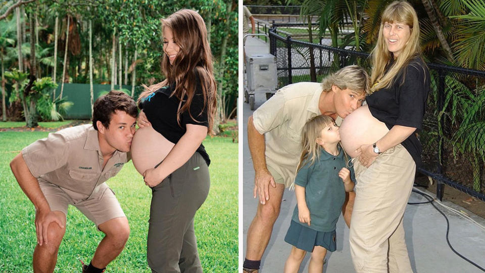 Bindi Irwin took to Instagram on Friday to share a very sweet photo of herself with husband Chandler Powell kissing her baby bump, recreating an image of her mum and dad. Photo: Instagram/Bindi Irwin