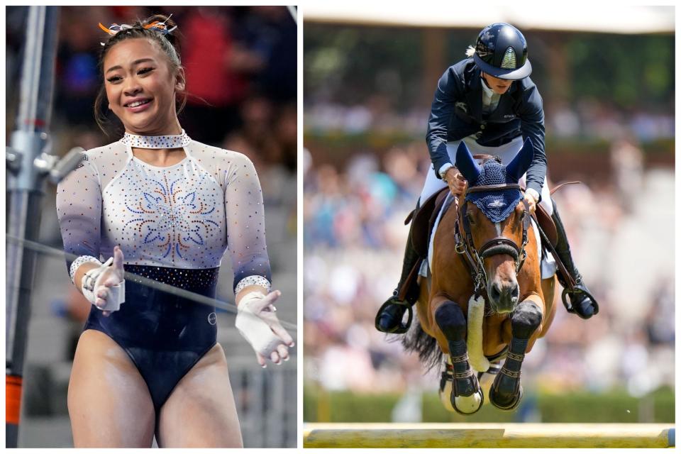 Side-by-side photos show Suni Lee smiling during gymnastics championships while a jockey on a horse jumps over a bar during an equestrian event.