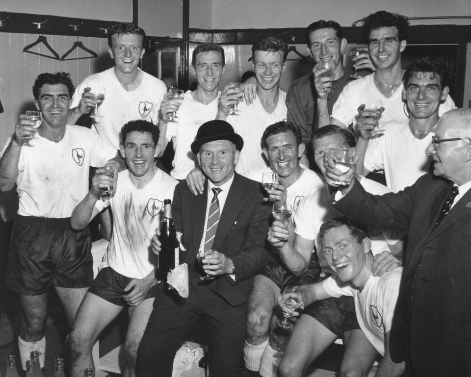 Bobby Smith, Terry Dyson, Cliff Jones, John White, Bill Brown, Maurice Norman, Ron Henry, Front row, l-r, Dave Mackay, Bill Nicholson (Manager) Danny Blanchflower, Peter Baker (hidden), Les Allen  - Bob Thomas Sports Photography via Getty Images