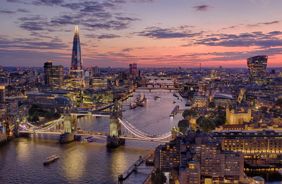 The summer sky sets over London, in an image taken by drone from St Katharine Docks.