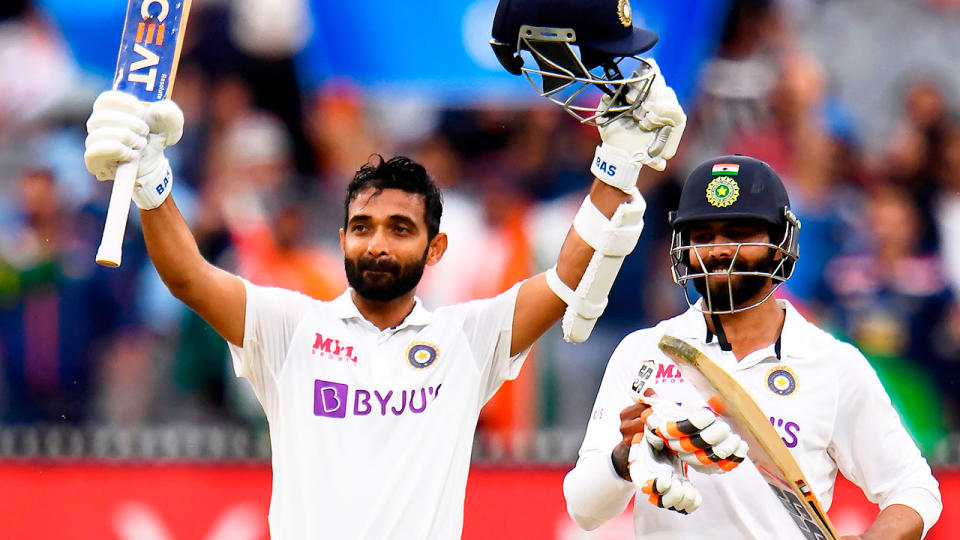 Ajinkya Rahane is seen here celebrating one of the great captain's knocks at the MCG.