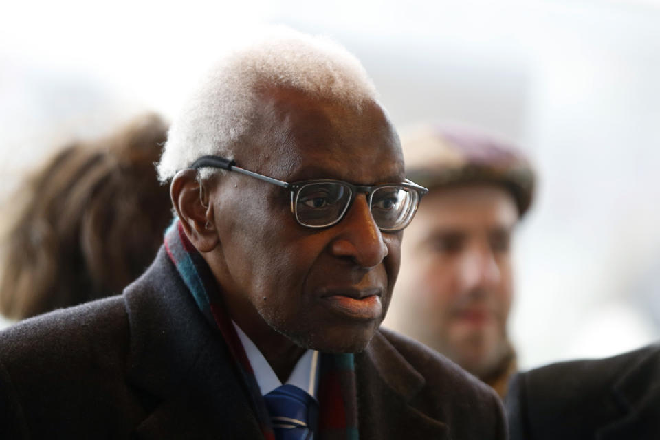 FILE - Iin this Jan.13, 2020 file photo, former president of the IAAF (International Association of Athletics Federations) Lamine Diack arrives at the Paris courthouse, Monday, Jan. 13, 2020. A Paris court is delivering its verdict Wednesday Sept. 16, 2020, in the trial of Lamine Diack on corruption, money laundering and breach of trust charges against the one-time supremo of global track and field athletics, and according to prosecutors, creamed off millions for himself, with his son.(AP Photo/Thibault Camus, File)