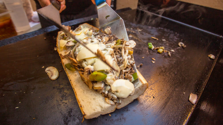 Philly cheesesteak on a griddle