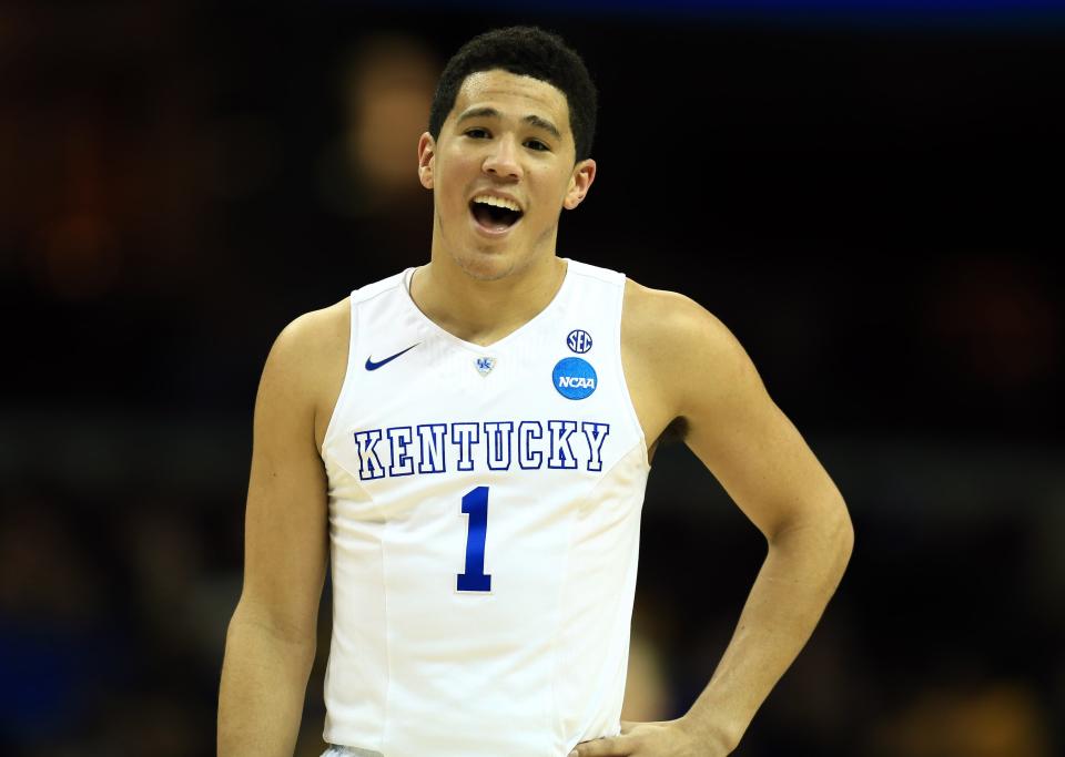 Devin Booker reacts during Kentucky's NCAA Tournament game against West Virginia on March 26, 2015.