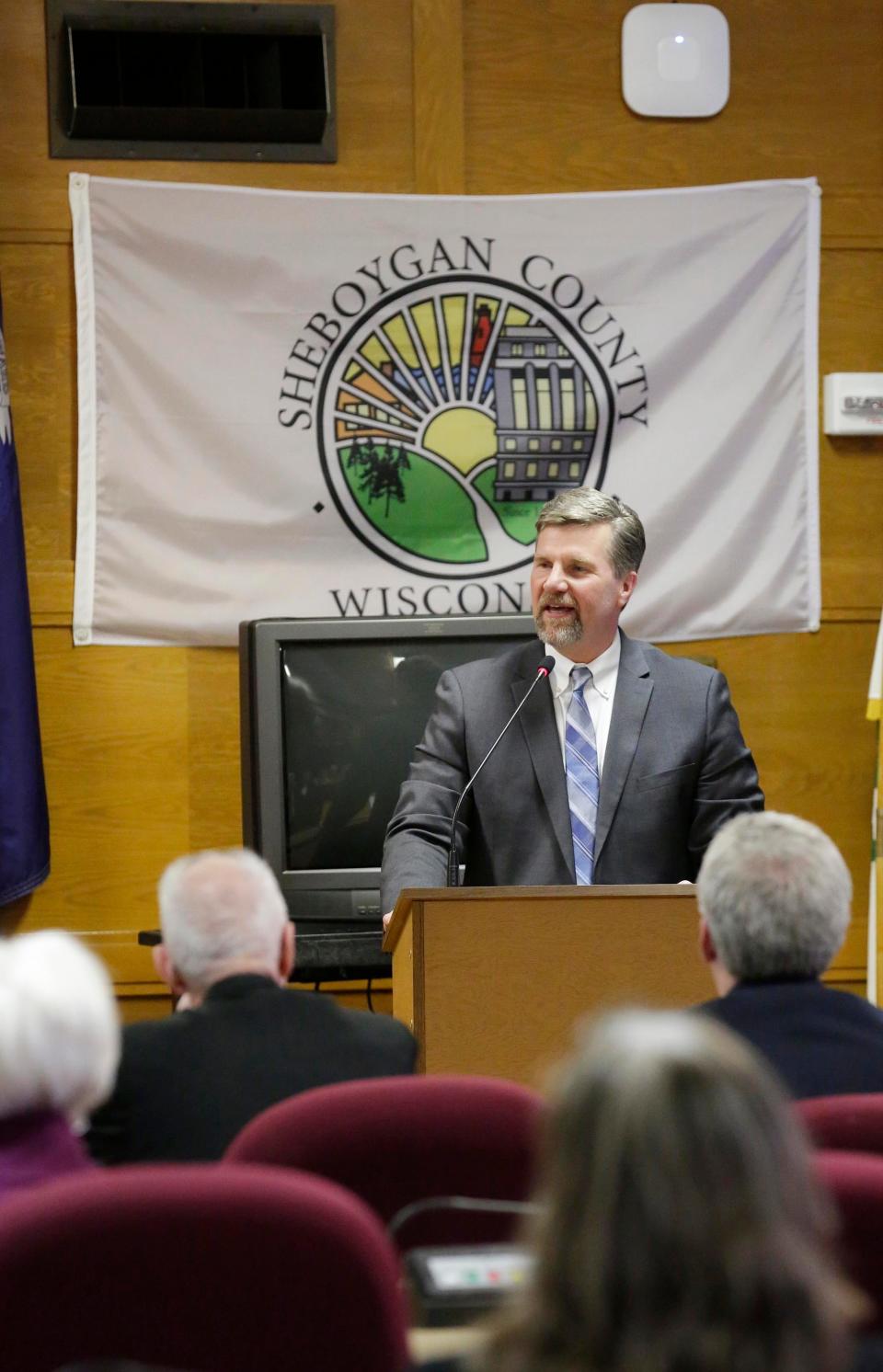 Sheboygan County Administrator Adam Payne speaks at the Sheboygan County Board meeting, Tuesday, April 17, 2018, in Sheboygan, Wis.