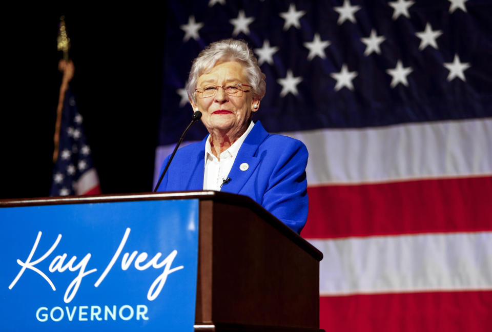 FILE - Alabama Gov. Kay Ivey speaks to supporters at her watch party after winning the Republican nomination for governor of Alabama at the Renaissance Hotel in Montgomery, Ala., on June 5, 2018. Ivey, who is seeking her second full term in office in next year’s 2022 Republican primary, is being challenged by Lynda Blanchard, who was Trump’s ambassador to Slovenia, and toll road developer Tim James, the son of former Alabama Gov. Fob James. (AP Photo/Butch Dill, File)