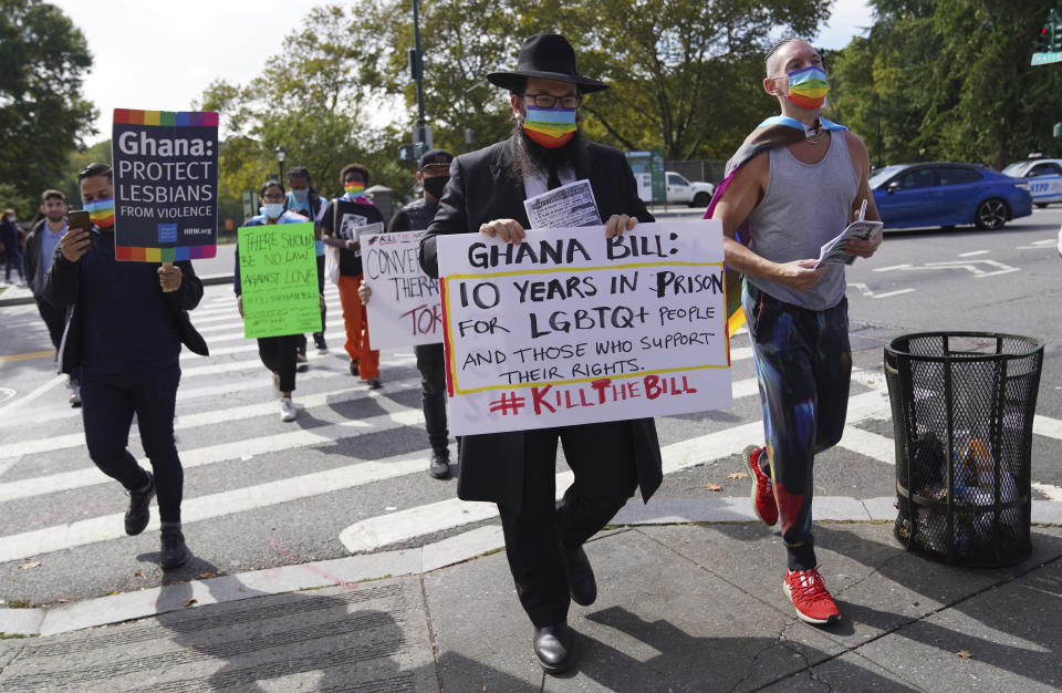 Rabbi Mike Moskowitz attends a rally against a controversial bill being proposed in Ghana's parliament that would make identifying as LGBTQIA or an ally a criminal offense punishable by up to 10 years in prison, in the Harlem neighborhood of New York on Monday, Oct 11, 2021. Moskowitz and other religious leaders at the rally spoke out against the bill, which has received strong support from many of the country's most influential clergy. (AP Photo/Emily Leshner)