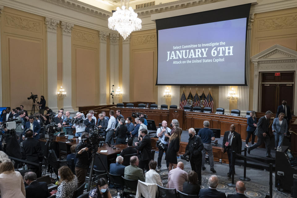 The hearing room is set for committee members to enter as the House select committee investigating the Jan. 6 attack on the U.S. Capitol prepares to hold a hearing at the Capitol in Washington, Thursday, July 21, 2022. (AP Photo/Alex Brandon, Pool)