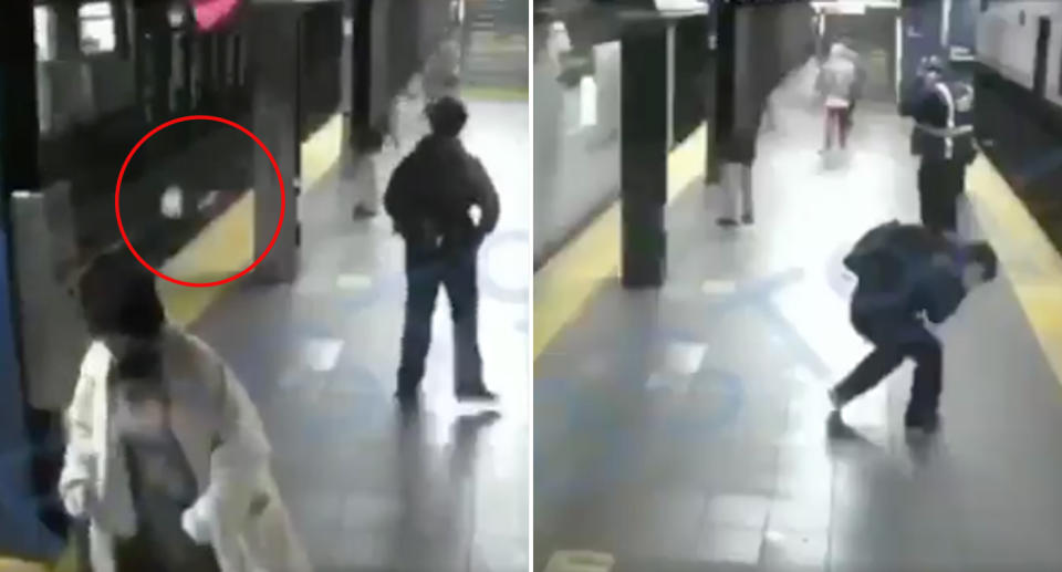 CCTV vision of a man pushing a woman on to train tracks shortly before a train arrives