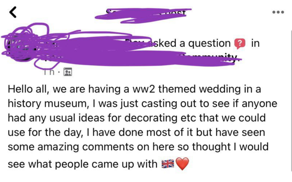 "we are having a ww2 themed wedding in a history museum"