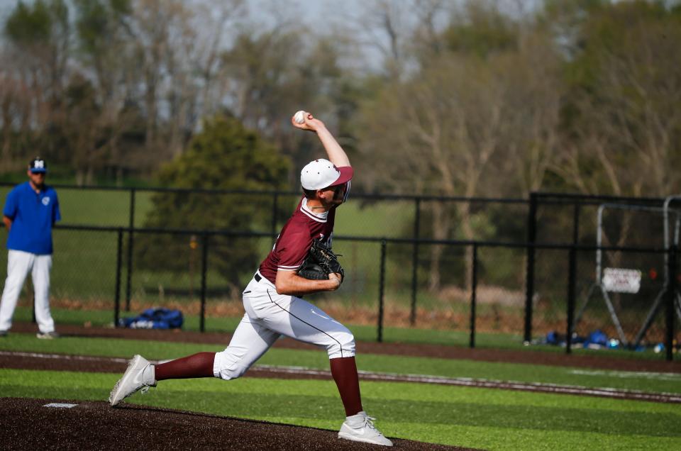 Logan-Rogersville starting pitcher Brody McNeil delivers a pitch to the plate as the Wildcats take on the Marshfield Blue Jays on Thursday, April 13, 2023.