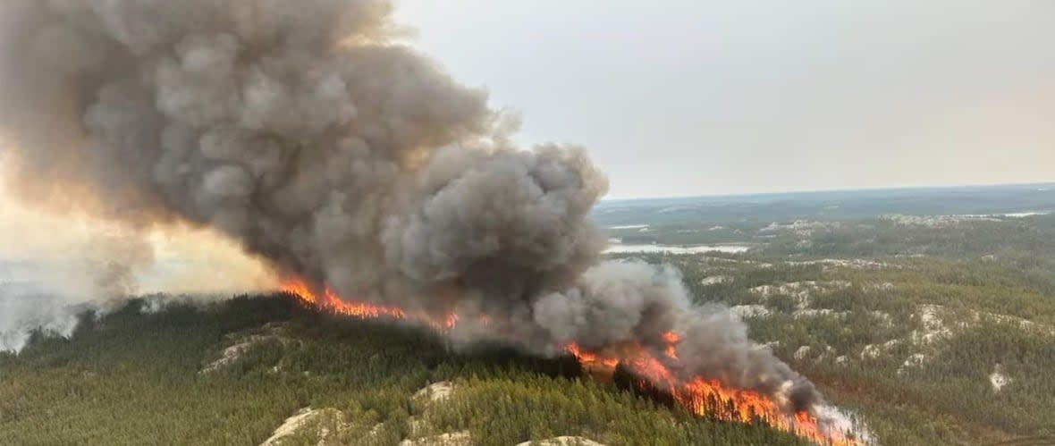 A wildfire burning near the Ingraham Trail in the N.W.T. The fire is one of multiple that are threatening Yellowknife, Dettah and Ndilǫ. (NWT Fire - image credit)