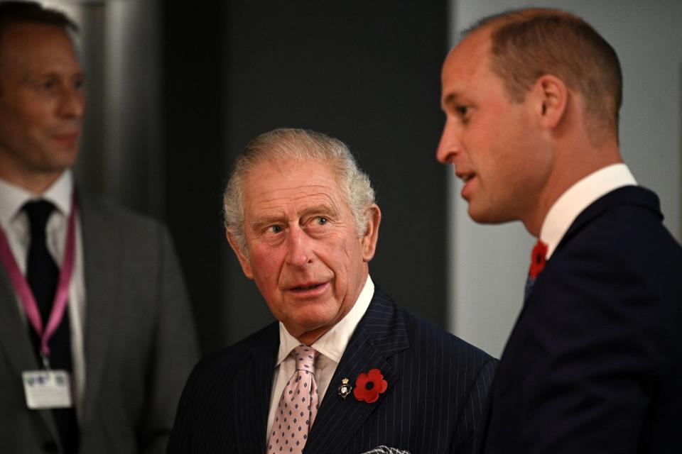 Prince Charles, Prince of Wales (C) reacts as he speaks with Prince William, Duke of Cambridge (R) at a reception for the key members of the Sustainable Markets Initiative and the Winners and Finalists of the first Earthshot Prize Awards at the Clydeside Distillery, on the sidelines of the COP26 summit on November 1, 2021 in Glasgow, United Kingdom. 2021 sees the 26th United Nations Climate Change Conference. The conference will run from 31 October for two weeks, finishing on 12 November. It was meant to take place in 2020 but was delayed due to the Covid-19 pandemic.