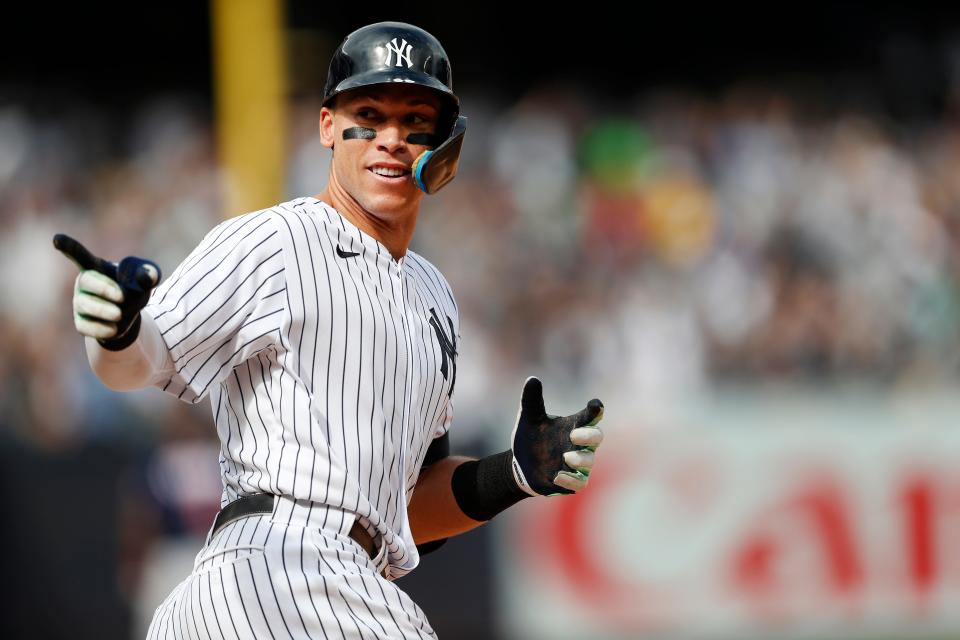 Aaron Judge rounds the bases after hitting a home run against the Minnesota Twins.