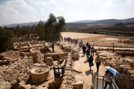 A group of Christian tourists visit Ancient Shilo, an archaeological site in the Israeli-occupied West Bank