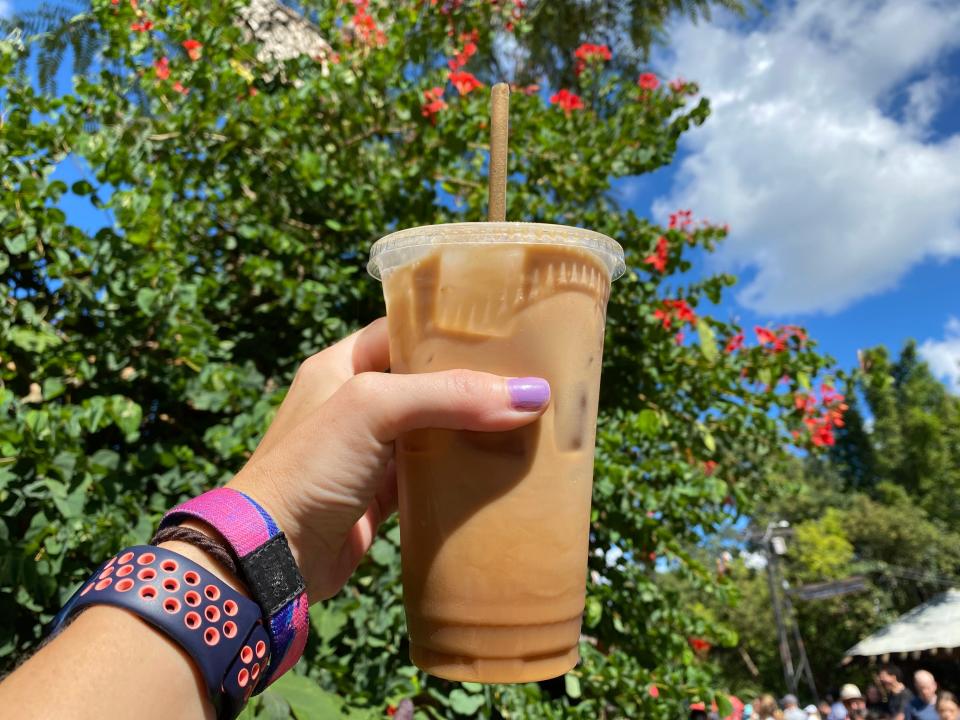 hand holding a cup of iced coffee in front of a bush at animal kingdom