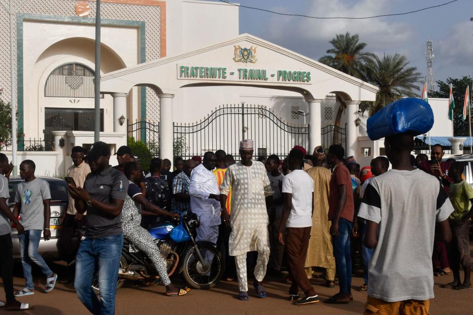 Demonstrators gather to protest the detention of President Mohamed Bazoum by the Presidential Guard in Niamey, Niger, July 26, 2023.  / Credit: AFP/Getty