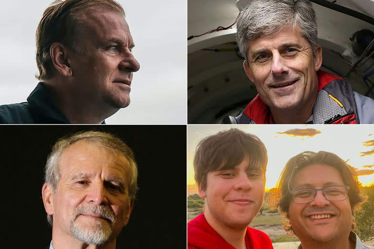 Los pasajeros del sumergible Titán, Hamish Harding, Stockton Rush, Paul-Henri Nargeolet, Suleman Dawood y su padre, Shahzada Dawood. (AFP)