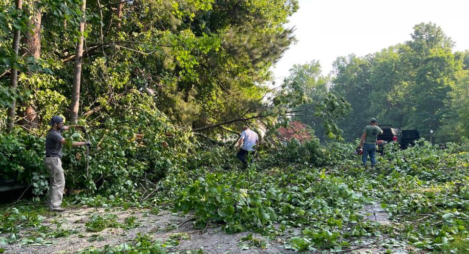 From left, Steven Morris, Brandon Hudson and Russell Hinnant work on removing a tree that is blocking High Mountain Road in Garner Friday morning, May 20, 2022. The tree fell during overnight storms.