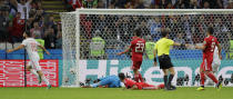 <p>Diego Costa celebrates after a his deflected shot went in for the opening goal </p>