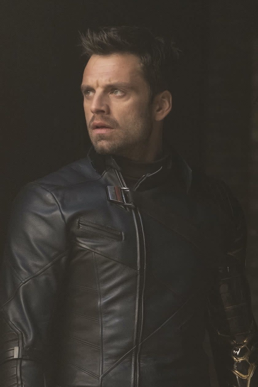 Sebastian Stan as Bucky Barnes in a leather outfit with a metallic arm, in Falcon and the Winter Soldier