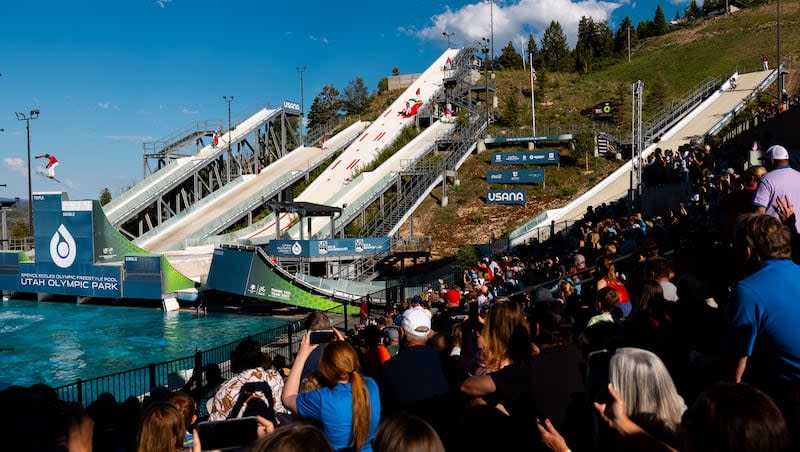 Olympians and U.S. National Team skiers and snowboarders perform acrobatic tricks at the Flying Ace All-Stars Freestyle Show during an Olympic Day celebration at the Utah Olympic Park in Park City on Friday, June 21, 2024. Nearly 80% in the state want to be part of any permanent Winter Games rotation.