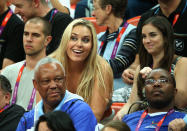 LONDON, ENGLAND - AUGUST 04: American alpine ski racer Lindsey Vonn attends the Men's Basketball Preliminary Round match between United States and Lithuania on Day 8 of the London 2012 Olympic Games at the Basketball Arena on August 4, 2012 in London, England. (Photo by Christian Petersen/Getty Images)