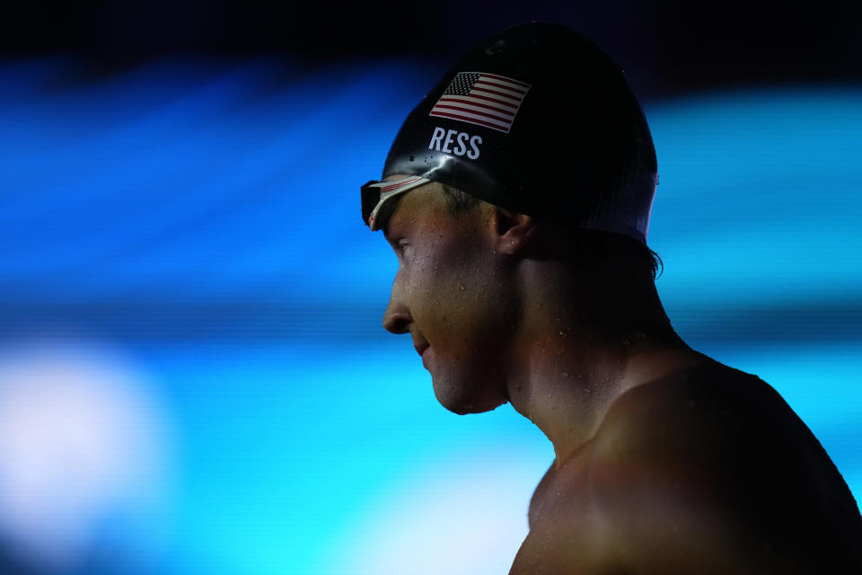 Justin Ress of the United States grimaces after being disqualified in the men's 50m backstroke final at the 19th FINA World Championships in Budapest, Hungary, Saturday, June 25, 2022. (AP Photo/Petr David Josek)