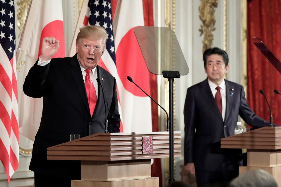 President Donald Trump speaks as Shinzo Abe, Japan's prime minister, listens during a news conference at Akasaka Palace on May 27, 2019 in Tokyo, Japan.