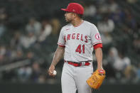 Los Angeles Angels relief pitcher Junior Guerra stands on the mound during the sixth inning of the team's baseball game against the Seattle Mariners, Friday, April 30, 2021, in Seattle. (AP Photo/Ted S. Warren)