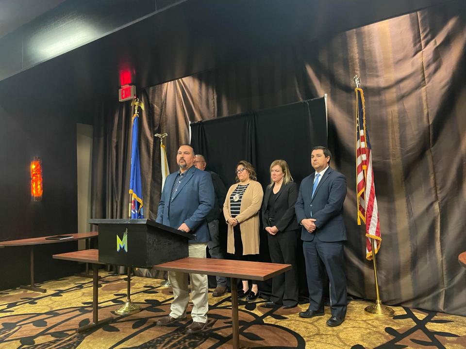 Oneida Tribal Chairman Tehassi Hill talks at Menominee Casino Resort about the need for medication-assisted treatments Thursday, Feb. 15. Hill said the Tribal Nation is planning more wrap-around services to address the opioid crisis in his community.