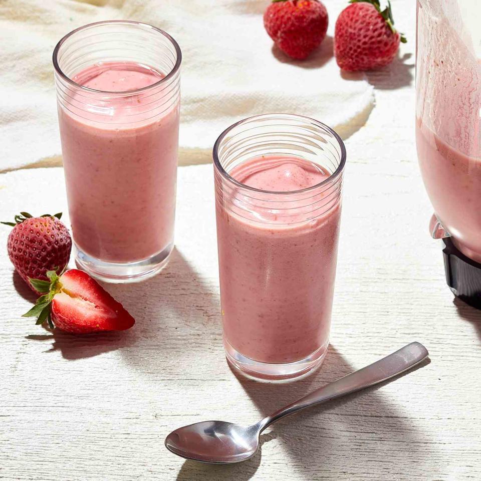 <p>It's hard to beat this recipe for quick and easy strawberry smoothies. All you need is five ingredients and five minutes. It's versatile too: you can use any unsweetened milk for creaminess, your preferred yogurt, and the maple syrup or honey is optional. The vanilla extract acts as a great flavor backdrop that will work with most fruits. Get blending! <a href="https://www.eatingwell.com/recipe/7961991/creamy-strawberry-smoothie/" rel="nofollow noopener" target="_blank" data-ylk="slk:View Recipe;elm:context_link;itc:0;sec:content-canvas" class="link ">View Recipe</a></p>