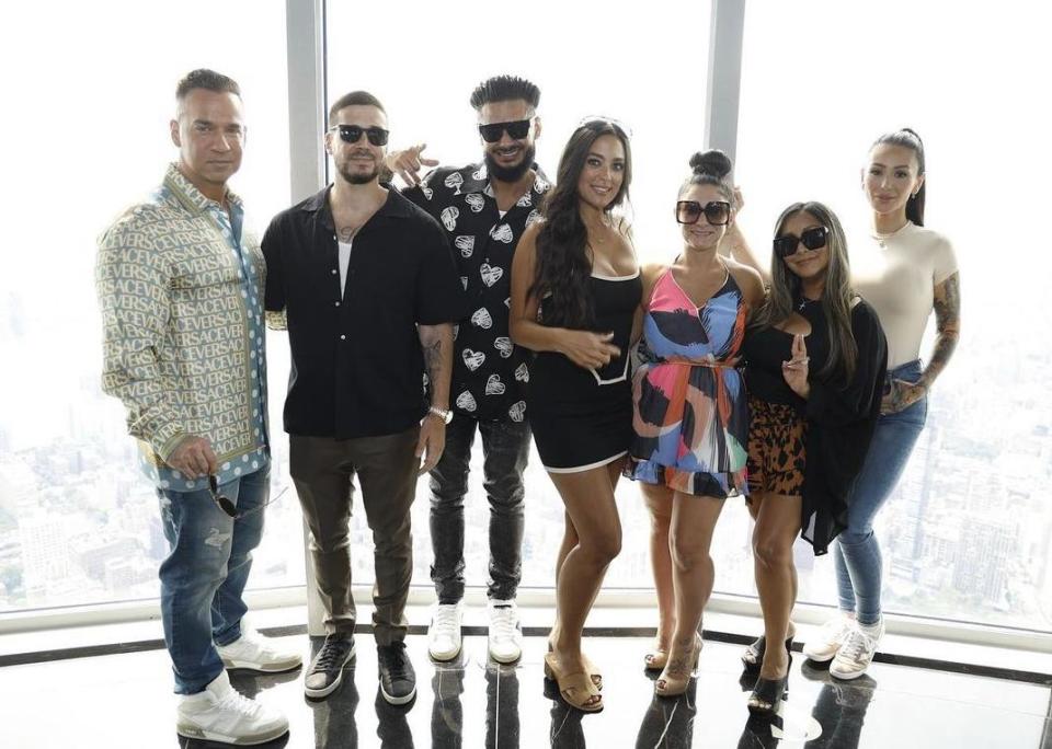 The cast of 'Jersey Shore Family Vacation' at the Empire State Building on Aug. 3, 2023.