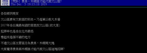 網友發問「木柵、景美誰才能代表文山區？」（圖／翻攝自PTT）