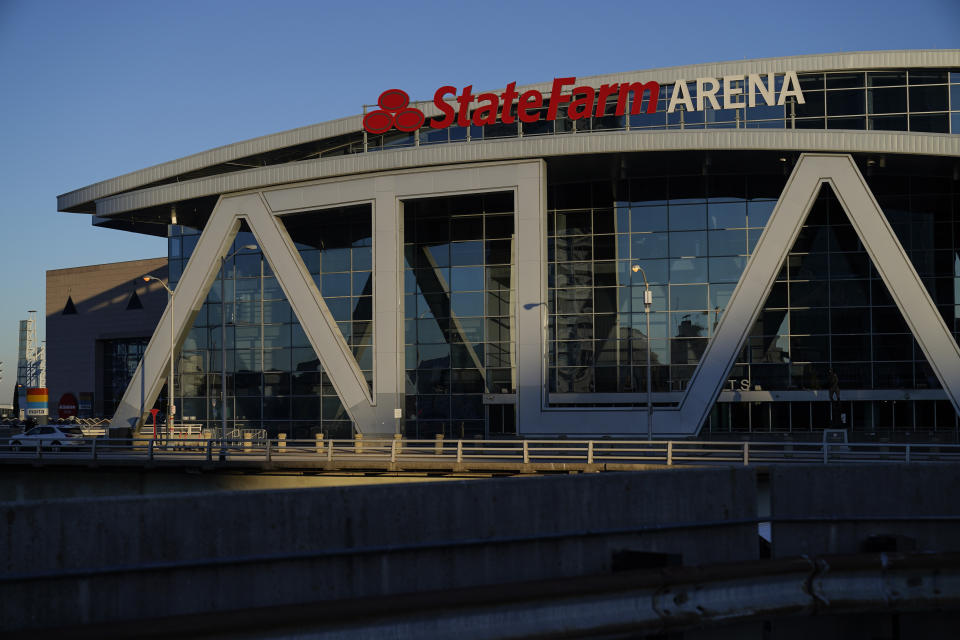 The State Farm Arena is seen in Fulton County where ballots will continue being counted in Atlanta on Wednesday, Nov. 4, 2020, after a delay on Election Day. (AP Photo/Brynn Anderson)