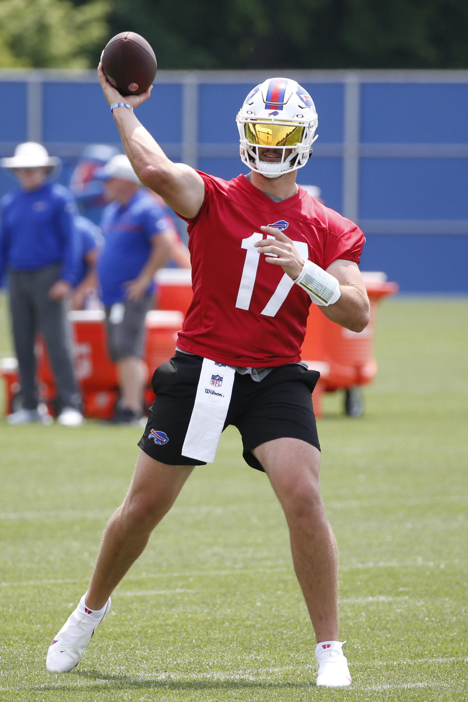 Buffalo Bills quarterback Josh Allen (17) throws a pass during the NFL football team's mandatory minicamp in Orchard Park, N.Y., Wednesday, June 15, 2022. (AP Photo/Jeffrey T. Barnes)