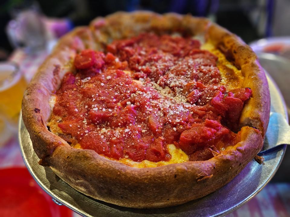 A personal-size World Famous Chicago Deep Dish pizza with pepperonis stuffed inside at Joey D’s, 6401 Manatee Ave. W., Bradenton, photographed Jan. 29, 2024.