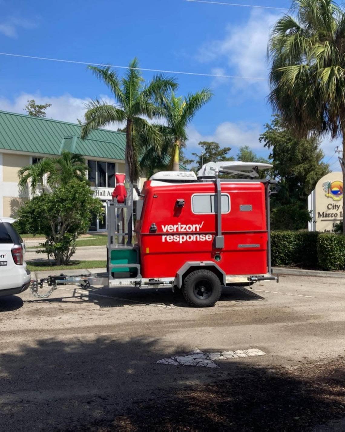 Verizon deployed temporary mobile network equipment a day after Hurricane Ian’s landfall to provide cellphone and internet service to the police and fire department of Marco Island in Collier County on Thursday, Sept. 29, 2022.