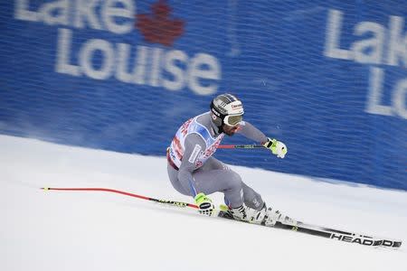 Nov 24, 2017; Lake Louise, Alberta, CAN; Adrien Theaux of France during men's downhill training for the FIS alpine skiing World Cup at Lake Louise Ski Resort. Eric Bolte-USA TODAY Sports