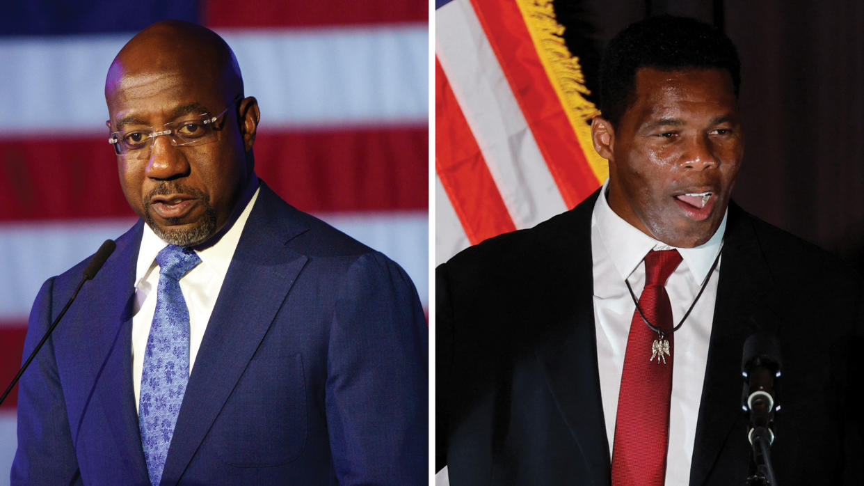 Sen. Raphael Warnock and Senate candidate Herschel Walker address supporters at their respective election night watch parties in Atlanta, Nov. 8, 2022.