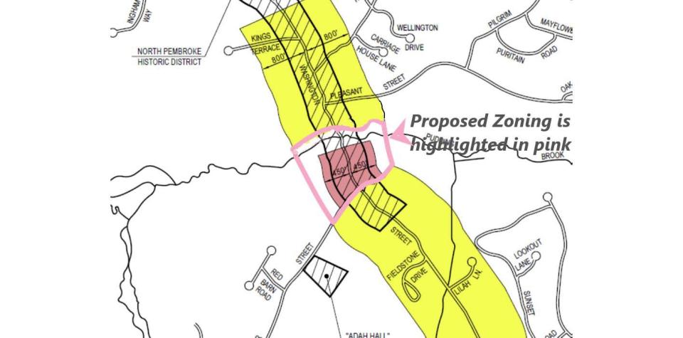 Pembroke voters rejected a zoning change in a commercial zoning corridor shown in yellow on Route 53. The change would have allowed a Big Y supermarket to open.