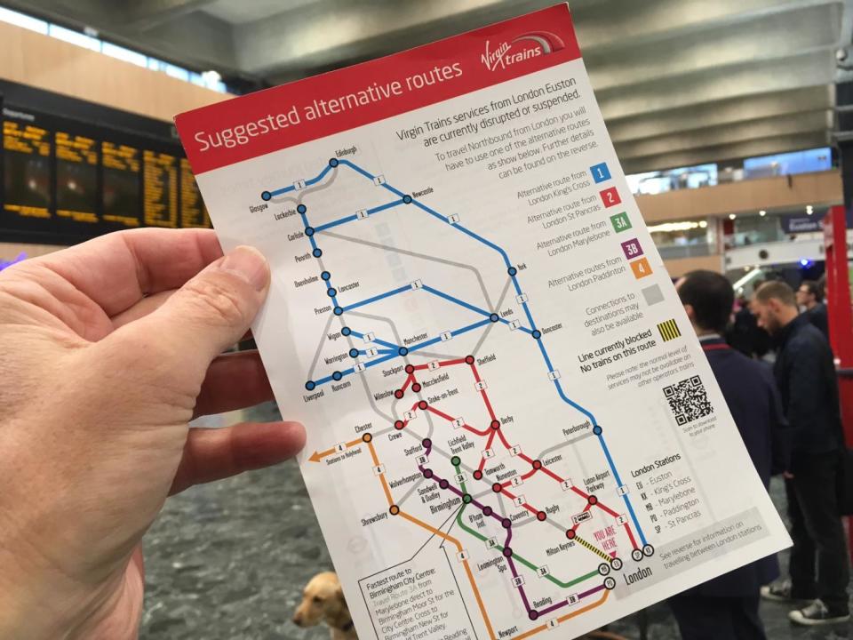Changing tracks: leaflet handed out to Virgin Trains passengers with details of alternative routes to and from London Euston (Simon Calder)