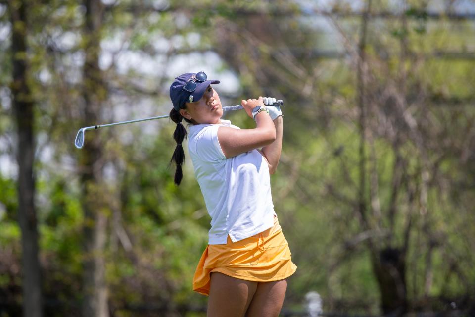 Trinity Hall's Lauren Nam competes during the Shore Conference Tournament at Jumping Brook Country Club in Neptune, NJ Monday, April 29, 2024.
(Credit: Tanya Breen/Asbury Park Press)