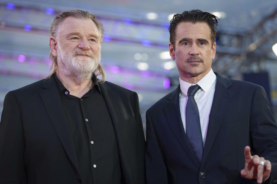Brendan Gleeson, left, and Colin Farrell pose for photographers upon arrival for the premiere of the film &#39;The Banshees of Inisherin&#39; during the 2022 London Film Festival in London, Thursday, Oct. 13, 2022. (Photo by Scott Garfitt/Invision/AP)